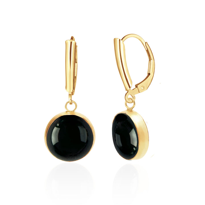 14K Gold Filled Black Onyx Drop Earrings 12mm Round Cabochon | Sada Jewels