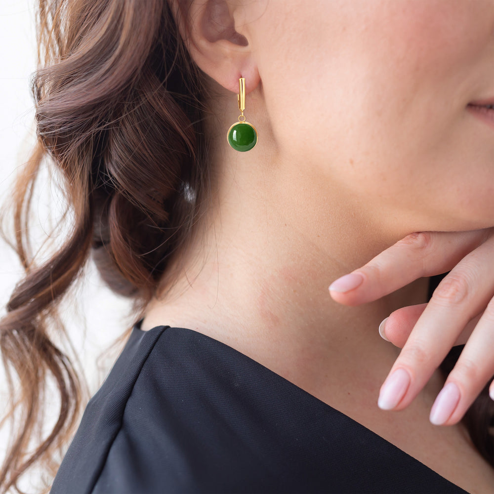 14K Gold Filled Green Nephrite Jade Drop Earrings 12mm Round Cabochon - Model View 1 | Sada Jewels