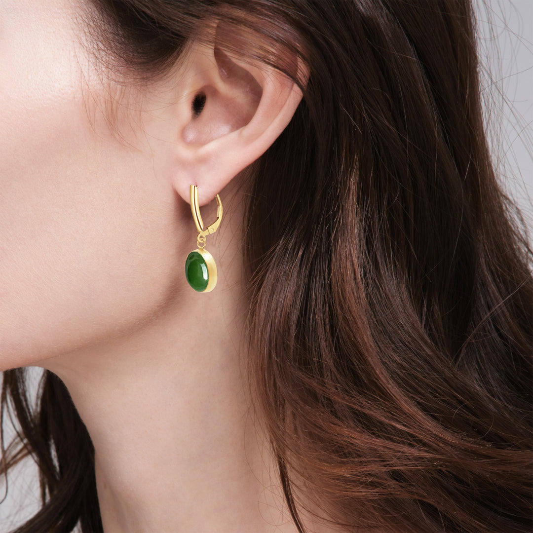 14K Gold Filled Green Nephrite Jade Drop Earrings 12mm Round Cabochon - Model View 2 | Sada Jewels