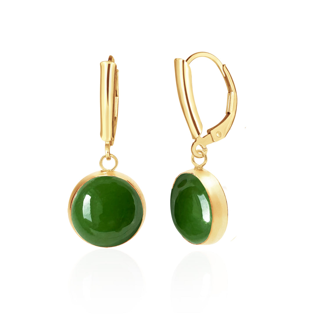 14K Gold Filled Green Nephrite Jade Drop Earrings 12mm Round Cabochon | Sada Jewels