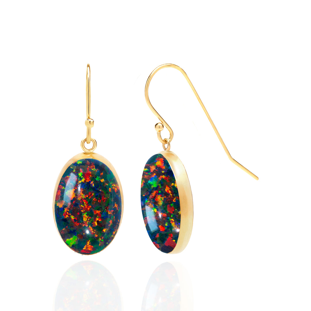 Black Fire Opal Drop Earrings, 14K Gold Filled, 18x13mm Oval Lab Created Gemstones