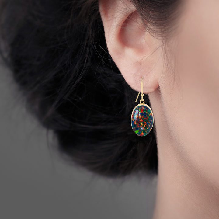 Black Fire Opal Drop Earrings, 14K Gold Filled, 18x13mm Oval Lab Created Gemstones