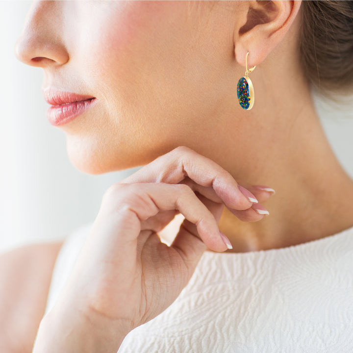 Black Fire Opal Drop Earrings, 14K Gold Filled, 18x13mm Oval Lab Created Gemstones