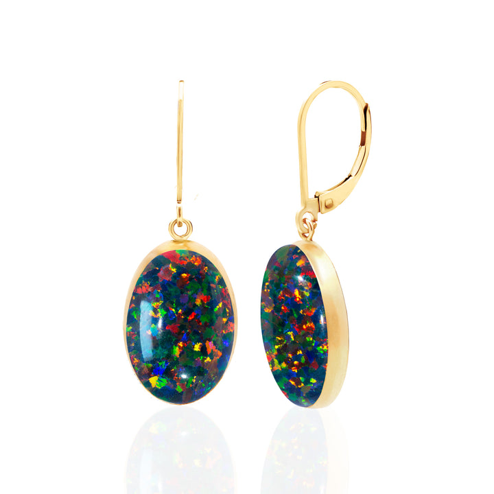 Black Fire Opal Drop Earrings, 14K Gold Filled, 18x13mm Oval Lab Created Gemstones