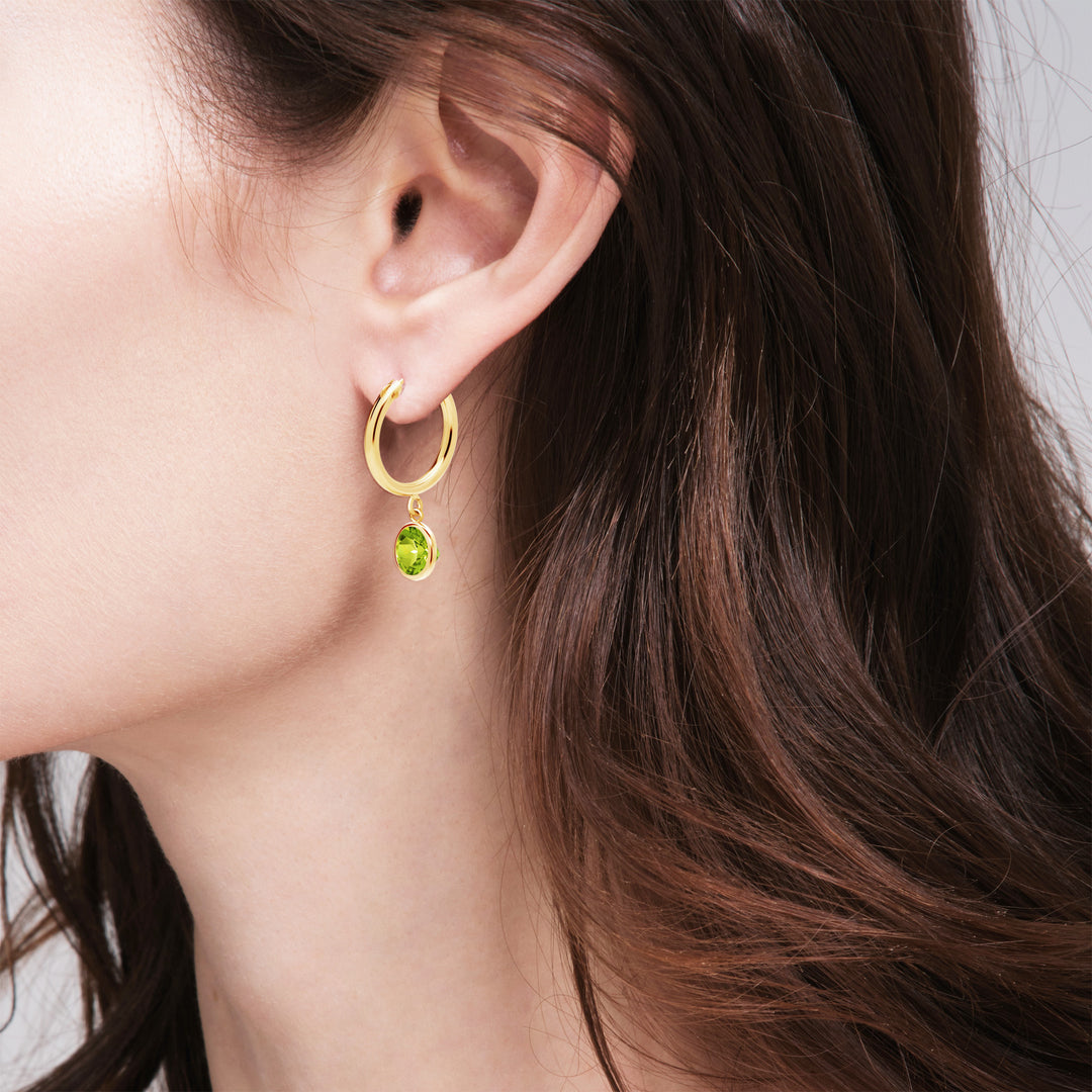 Peridot Drop Hoop Earrings, 14K Gold Filled, 6mm Round Dangling Charms