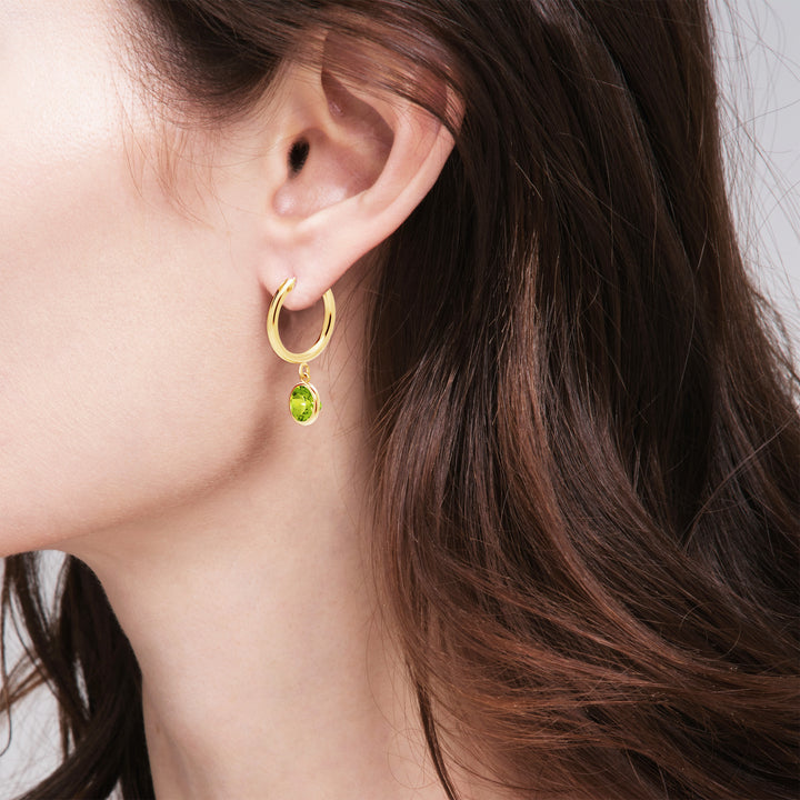 Peridot Drop Hoop Earrings, 14K Gold Filled, 6mm Round Dangling Charms