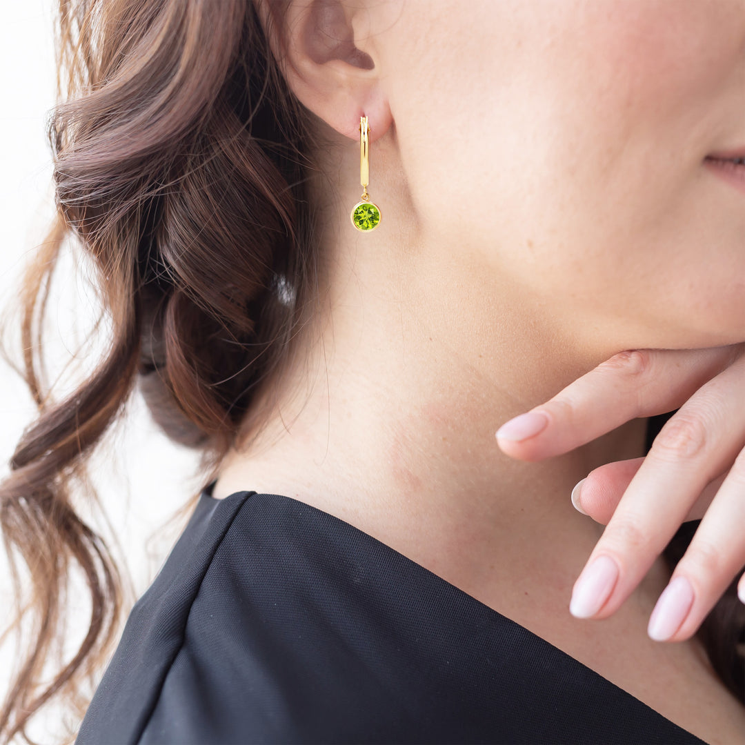 Peridot Drop Hoop Earrings, 14K Gold Filled, 6mm Round Dangling Charms