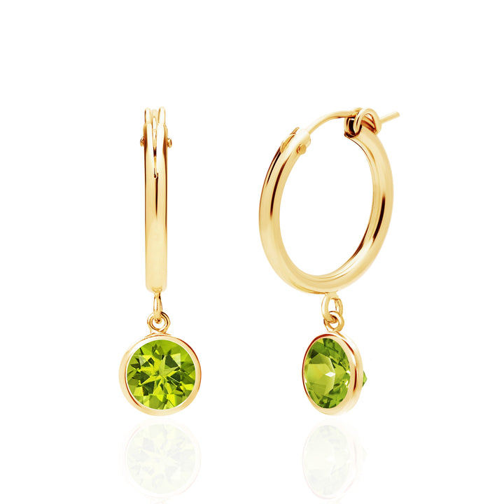 Peridot Drop Hoop Earrings, 14K Gold Filled, 6mm Round Dangling Charms