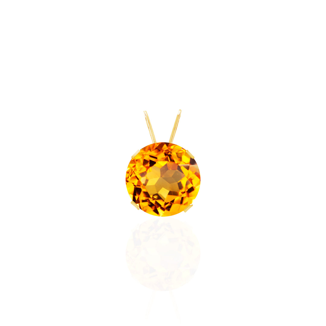 14K yellow gold pendant with an 8mm round citrine, vivid golden-honey hue, 4-prong solitaire with V-bail
