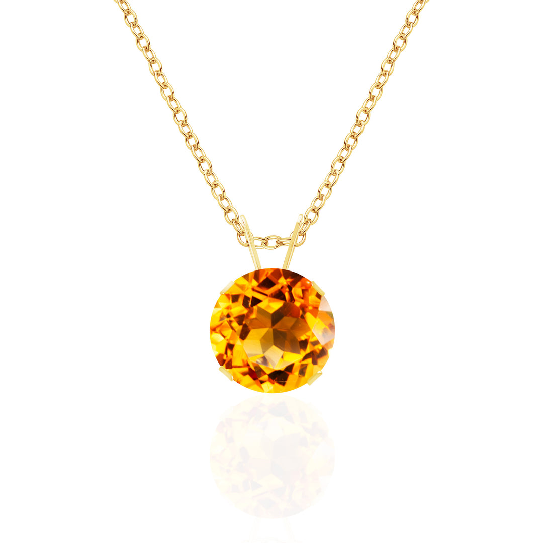 14K yellow gold necklace with an 8mm round citrine, vivid golden-honey hue, 4-prong solitaire and cable chain.