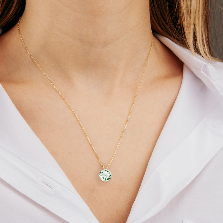 14K Gold Green Amethyst Prasiolite Pendant Necklace, 8mm Round Solitaire