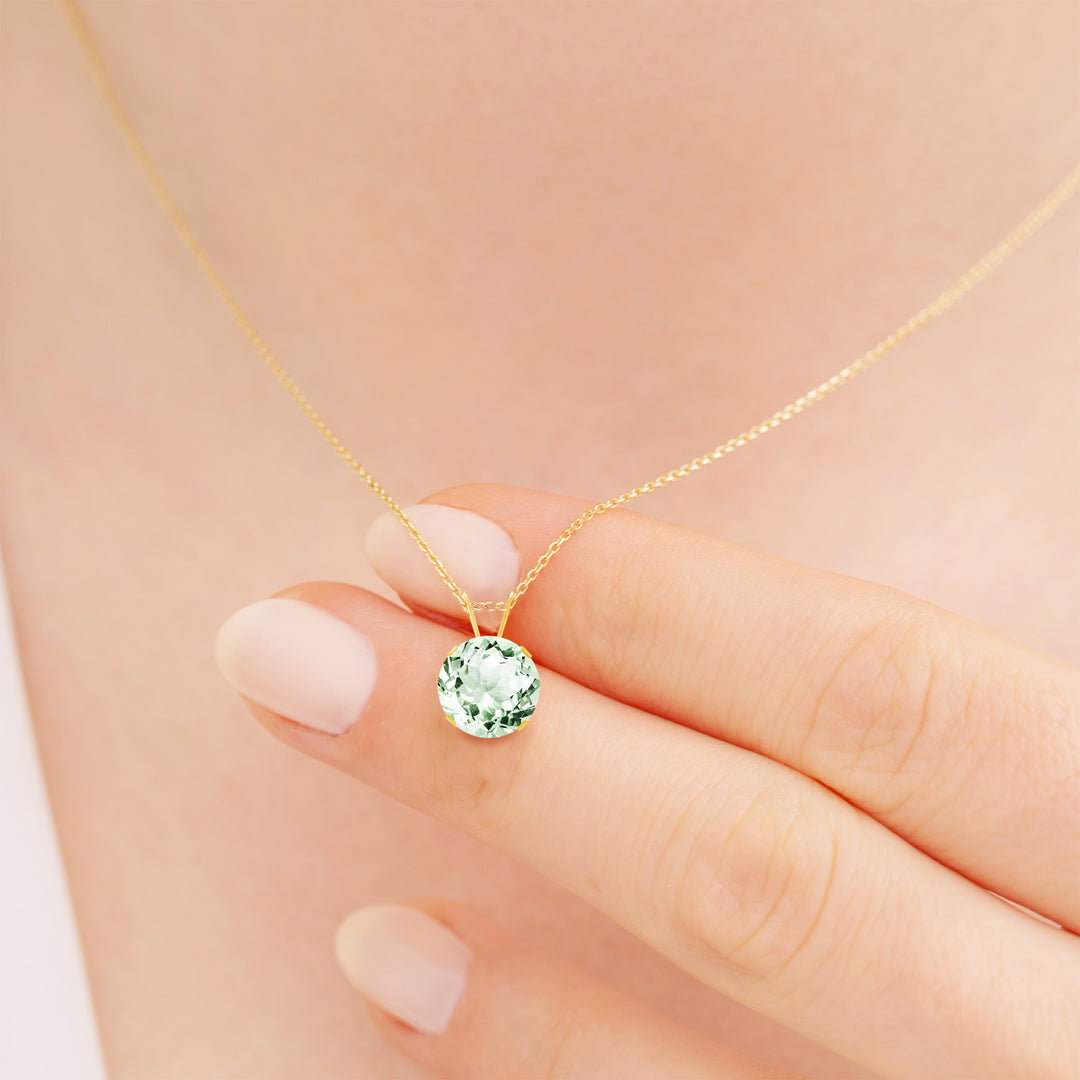 14K Gold Green Amethyst Prasiolite Pendant Necklace, 8mm Round Solitaire