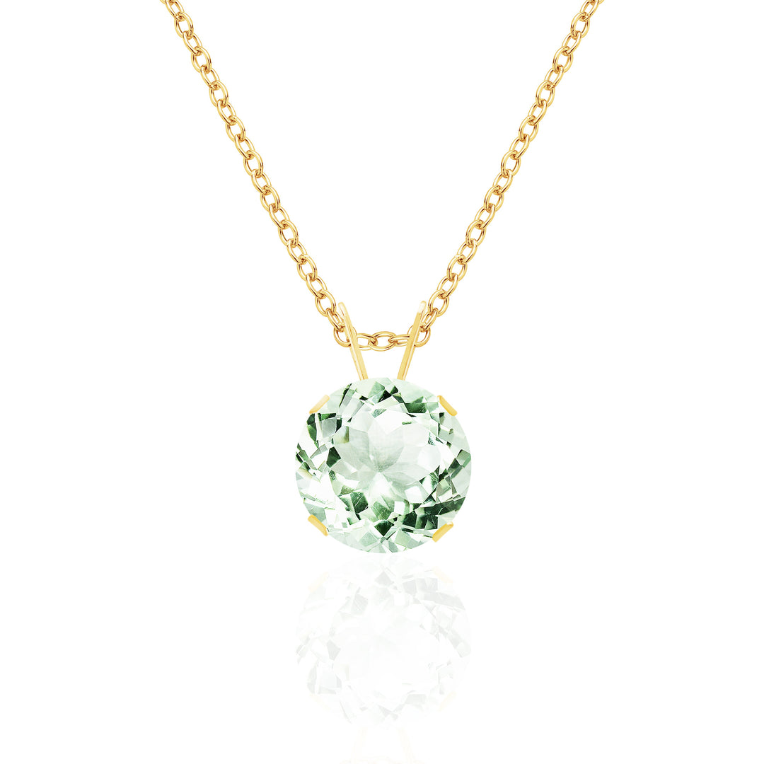 14K Gold Green Amethyst Prasiolite Pendant Necklace, 8mm Round Solitaire