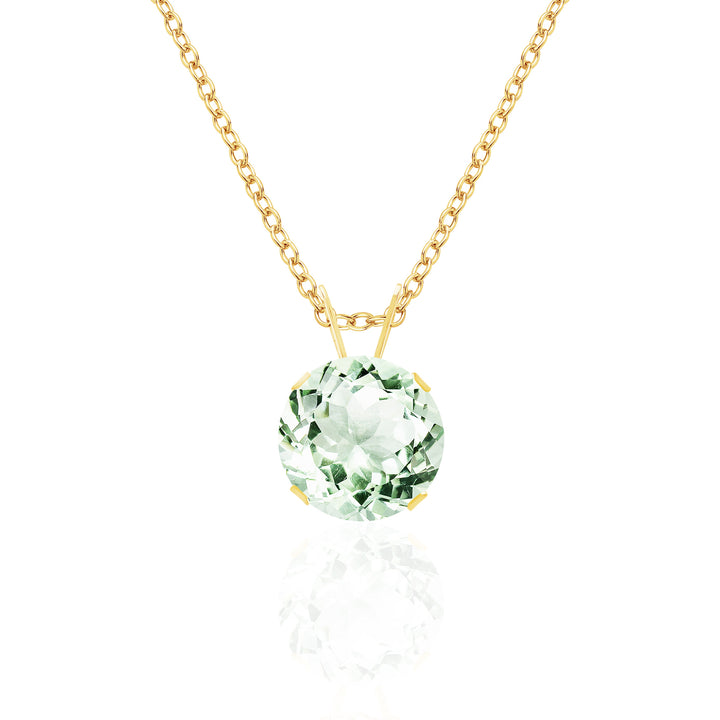 14K Gold Green Amethyst Prasiolite Pendant Necklace, 8mm Round Solitaire