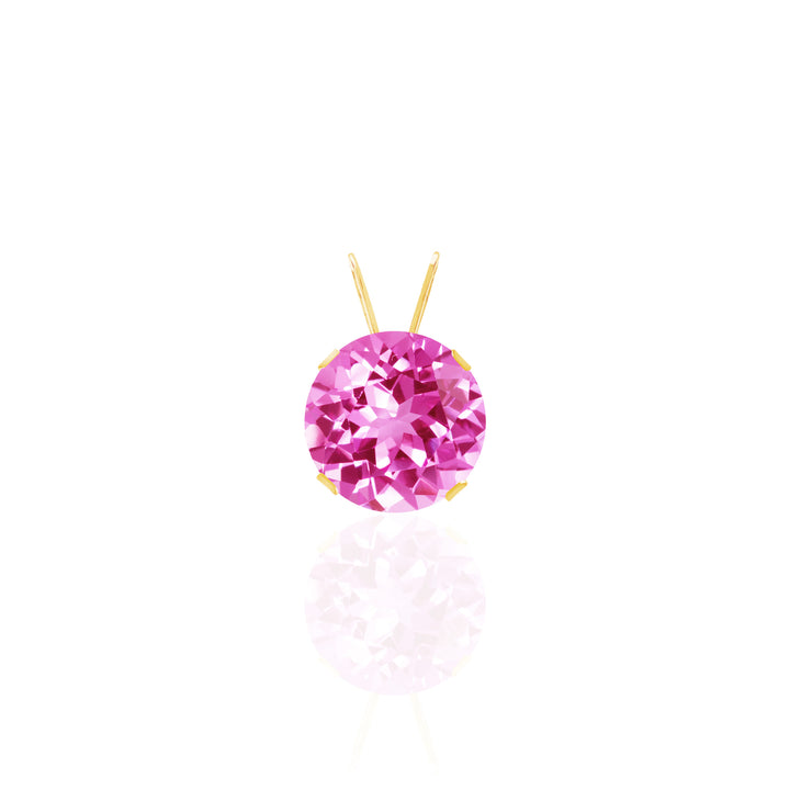 14K yellow gold pendant with an 8mm round lab-created pink sapphire,  bright candy pink, prong-set with rabbit bail.