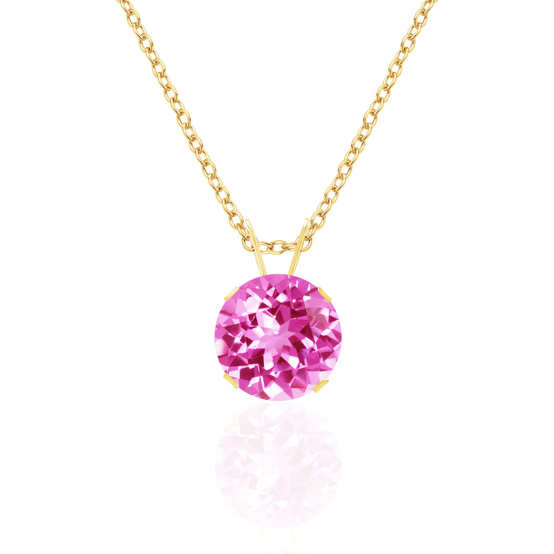 14K yellow gold necklace with an 8mm round pink sapphire pendant, bright candy pink, prong-set, cable chain.