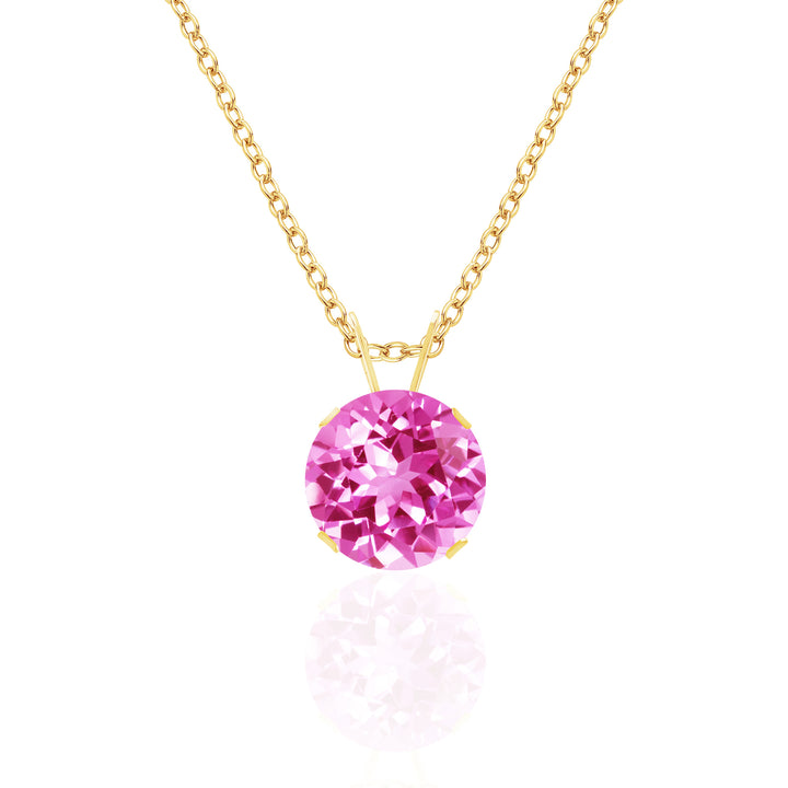 14K yellow gold necklace with an 8mm round pink sapphire pendant, bright candy pink, prong-set, cable chain.