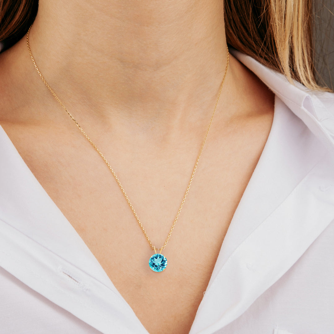 14K Gold Swiss Blue Topaz Pendant Necklace, 8mm Round Solitaire
