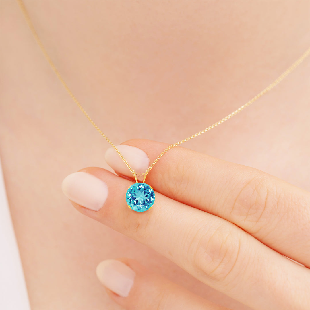 14K Gold Swiss Blue Topaz Pendant Necklace, 8mm Round Solitaire