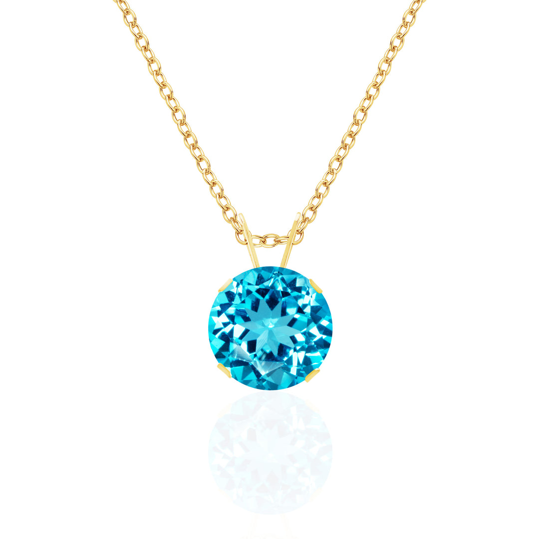14K Gold Swiss Blue Topaz Pendant Necklace, 8mm Round Solitaire