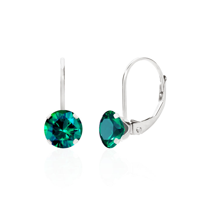 14K White Gold Lab Created Emerald Drop Earrings, Leverback, 6mm Round | Sada Jewels