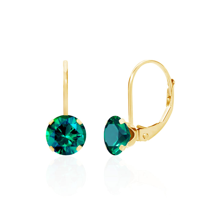 14K Yellow Gold Lab Created Emerald Drop Earrings, Leverback, 6mm Round | Sada Jewels