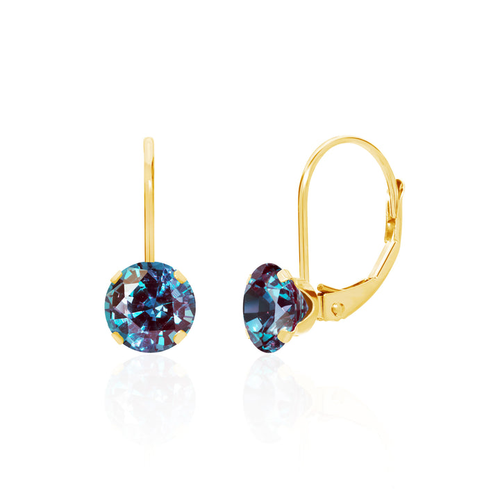 Pair of 14K yellow gold round lab-grown alexandrite leverback earrings on white background | Sada Jewels