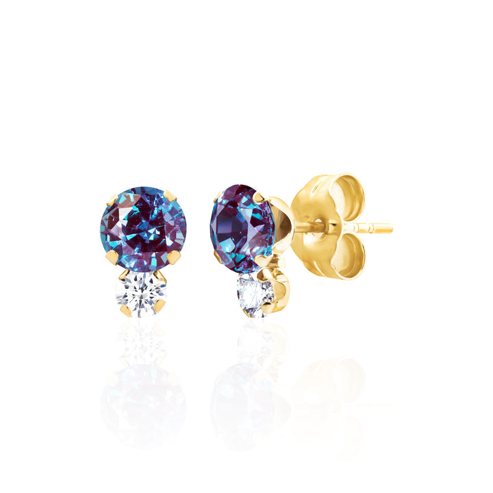 Lab-grown alexandrite and moissanite gold stud earrings, teal to violet | Sada Jewels