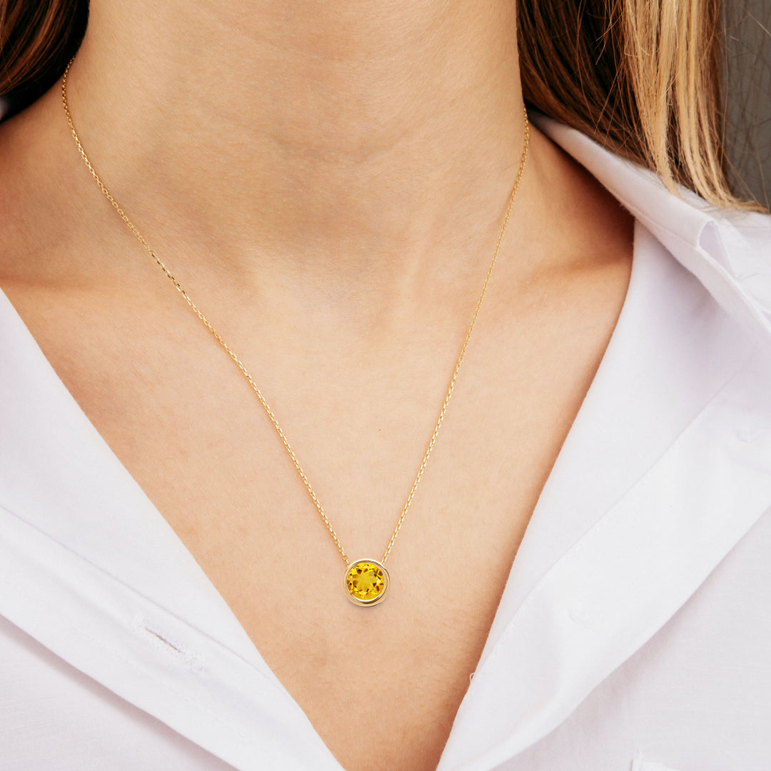 14K Gold 2 CT Citrine Floating Necklace, 8mm Round, AAA Quality Natural