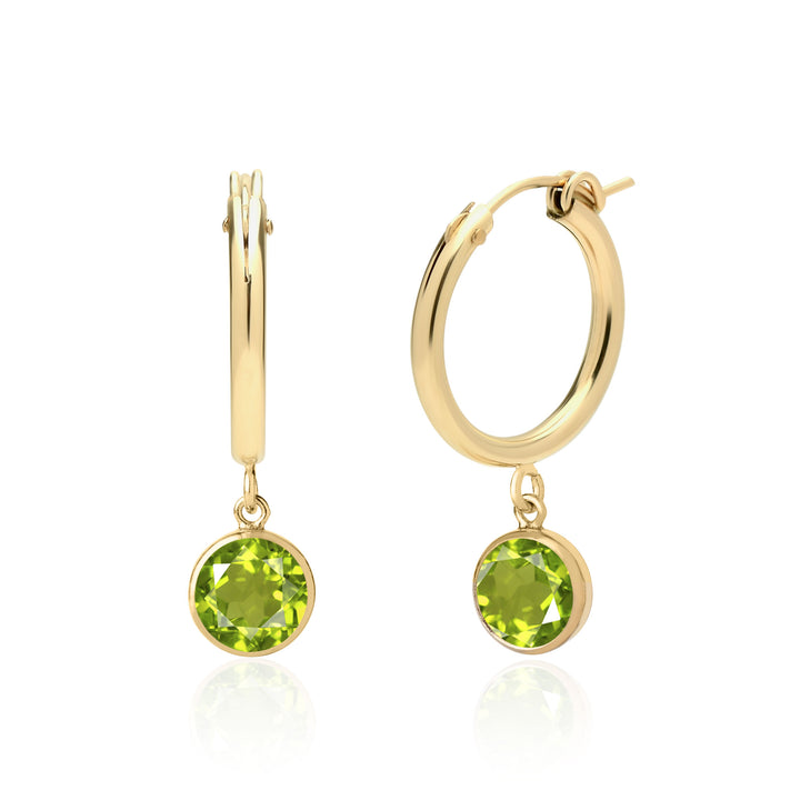 Peridot hoop earrings with 6mm round peridot drops hanging from 3/4 inch, 2.3mm thick hoops in 14K Gold Filled or Sterling Silver, perfect as an August birthstone or 16th anniversary gift
