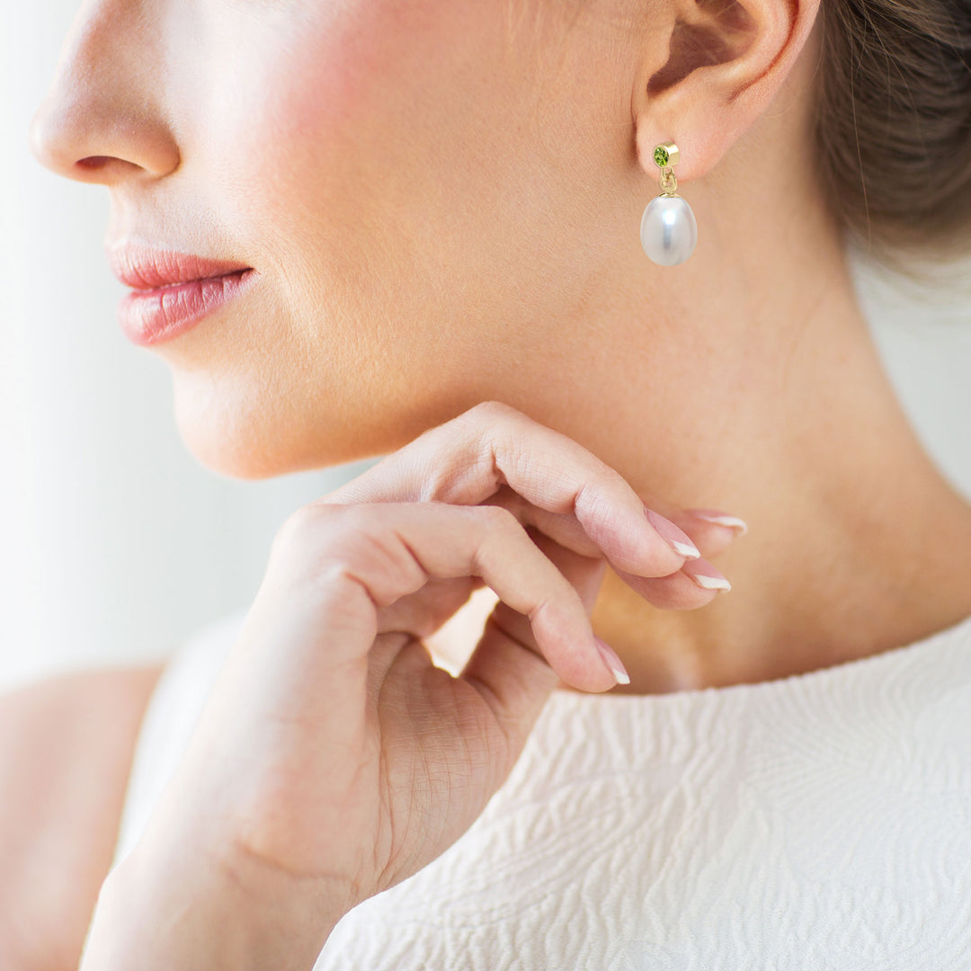 Natural Peridot Stud and Pearl Drop Earrings - 14K Gold Filled