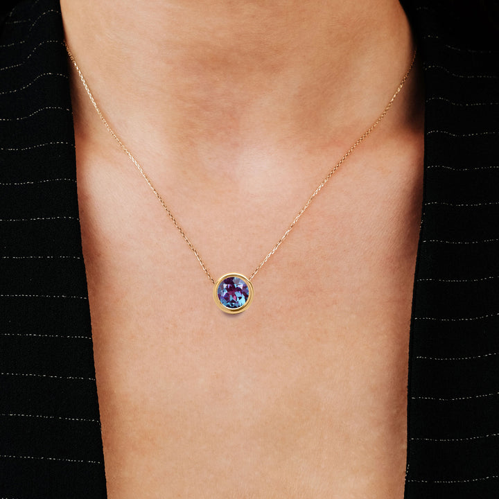 14K Yellow Gold, 2.5 CT Alexandrite Floating Necklace, 8mm Round, Lab Created