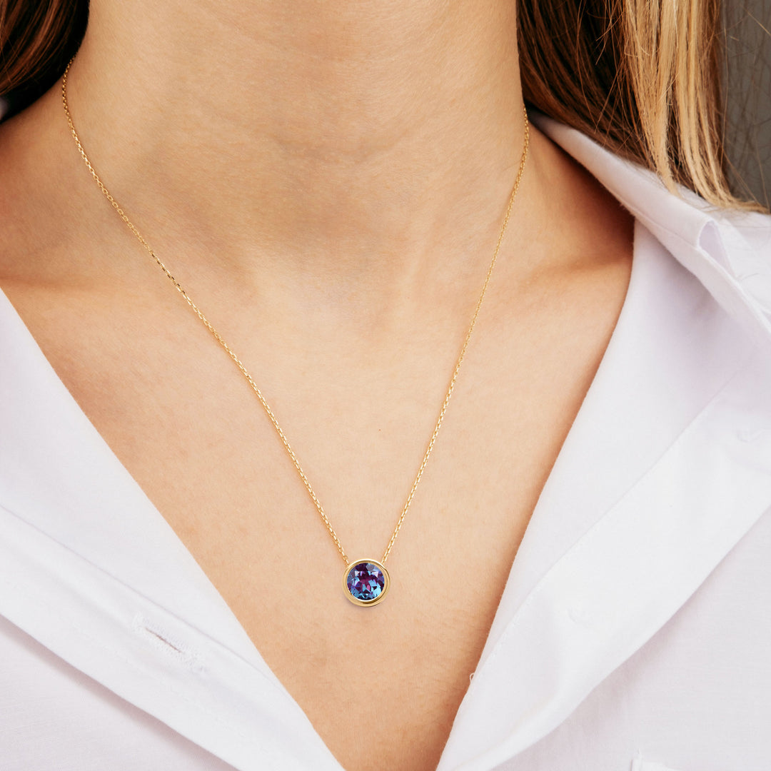 14K Yellow Gold, 2.5 CT Alexandrite Floating Necklace, 8mm Round, Lab Created