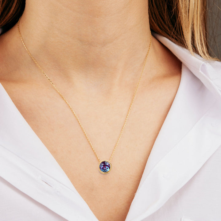 14K Yellow Gold, 2.5 CT Alexandrite Floating Necklace, 8mm Round, Lab Created