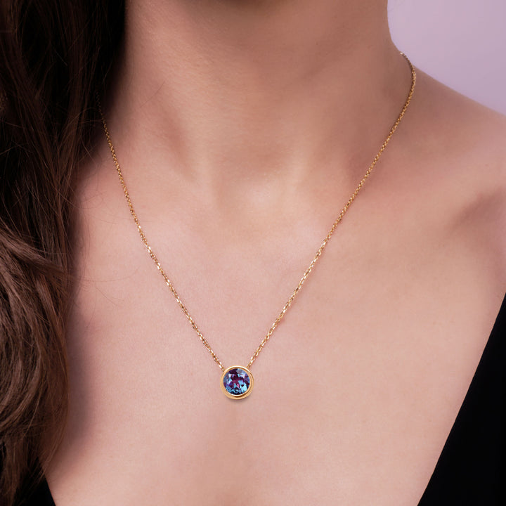 14K Yellow Gold, 2.5 CT Alexandrite Floating Necklace, 8mm Round, Lab Created