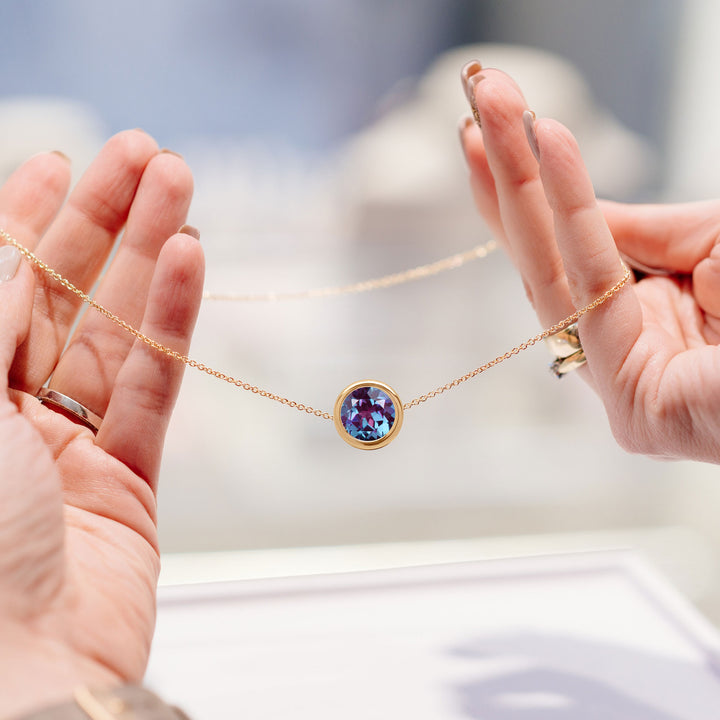 14K Yellow Gold, 2.5 CT Alexandrite Floating Necklace, 8mm Round, Lab Created