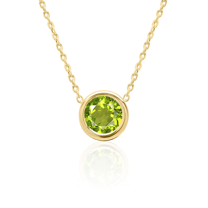 14K Gold peridot solitaire necklace with 8mm round stone in a high wall bezel setting, customizable chain length, perfect Peridot birthstone or 4th anniversary gift.