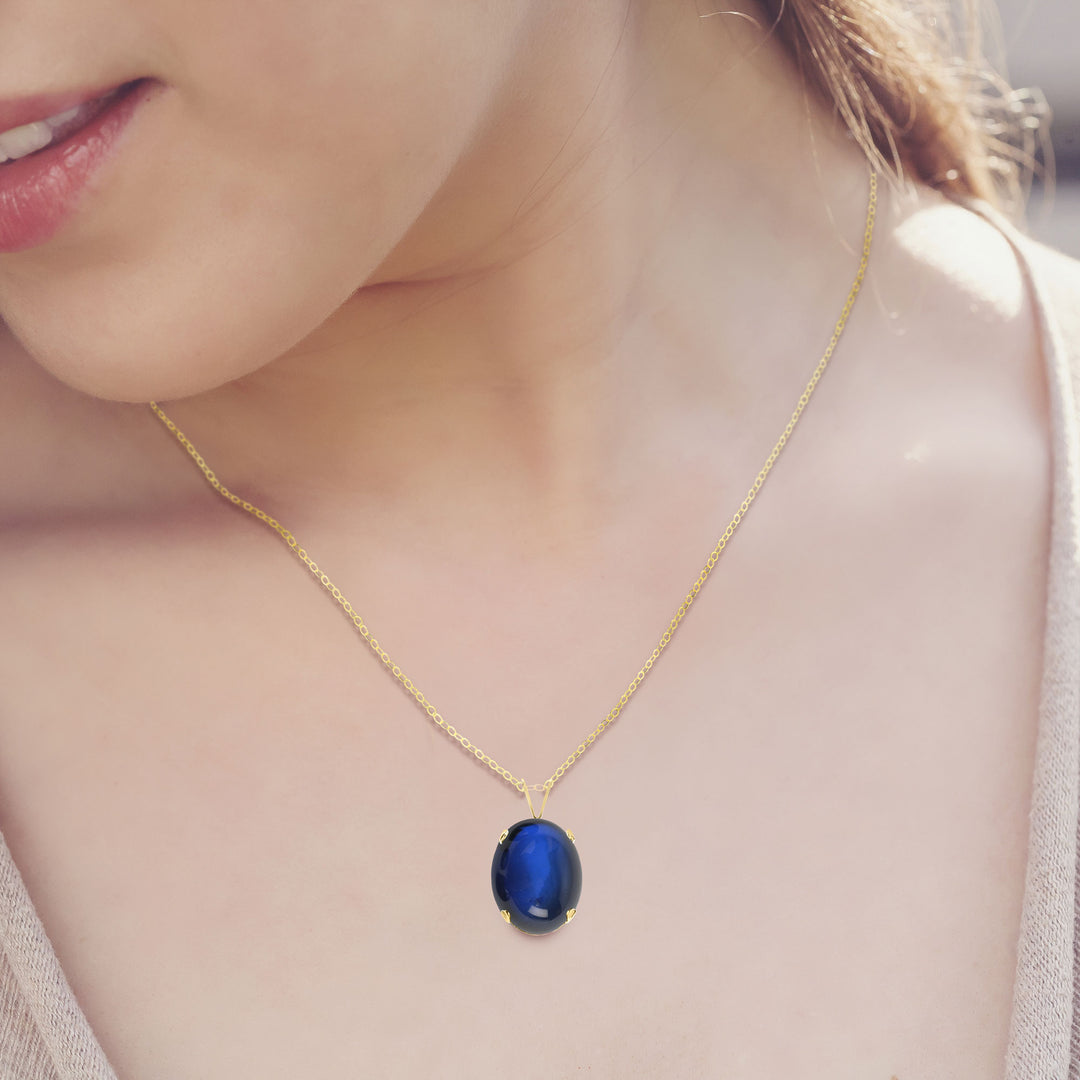 Sapphire Cabochon Pendant Necklace - 14x10mm Oval, Lab Created
