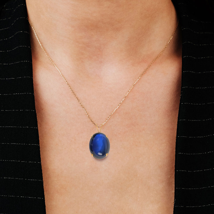 Sapphire Cabochon Pendant Necklace - 14x10mm Oval, Lab Created