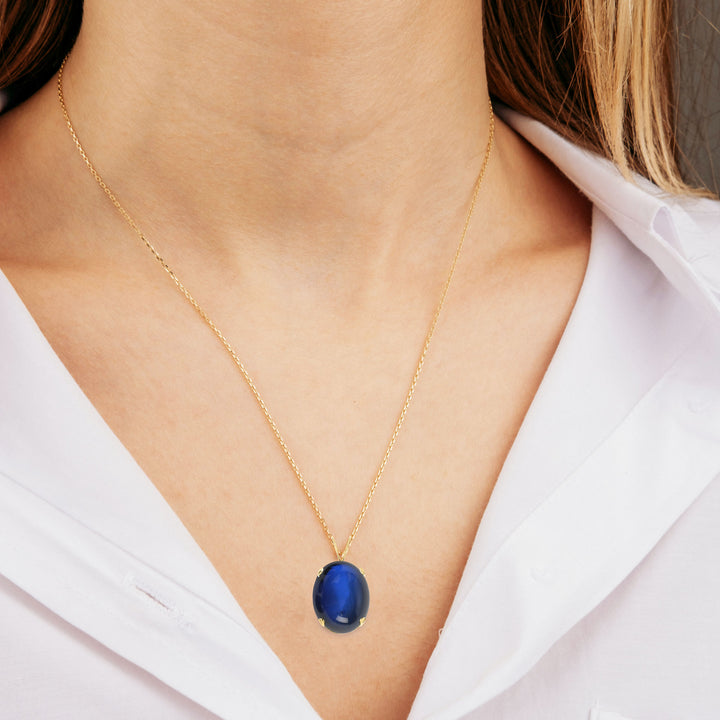 Sapphire Cabochon Pendant Necklace - 14x10mm Oval, Lab Created