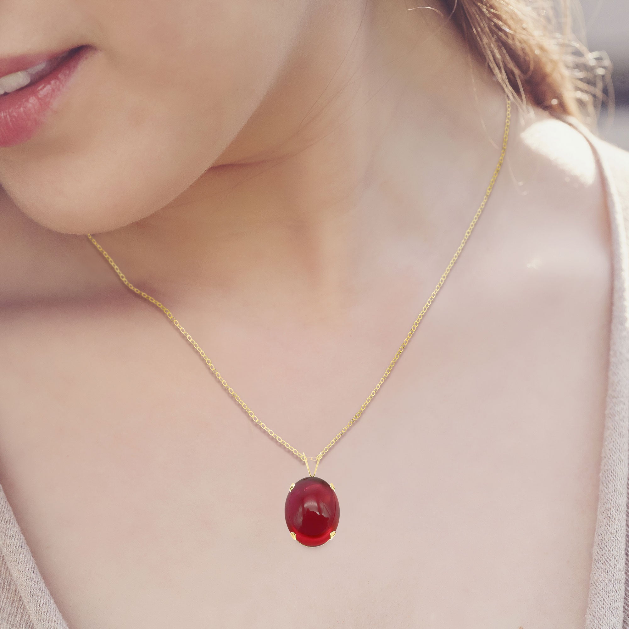 Ruby Cabochon Pendant Necklace - 14x10 Oval, Lab Created | Sada Jewels