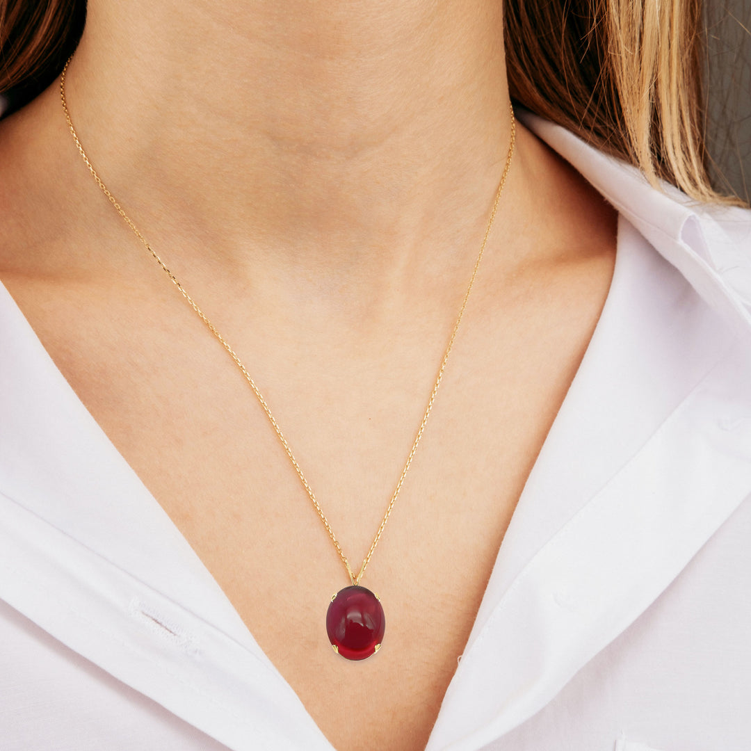 Ruby Cabochon Pendant Necklace - 14x10 Oval, Lab Created