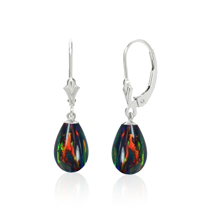 14K Solid Gold Lab Created Black Fire Opal Teardrop Earrings
