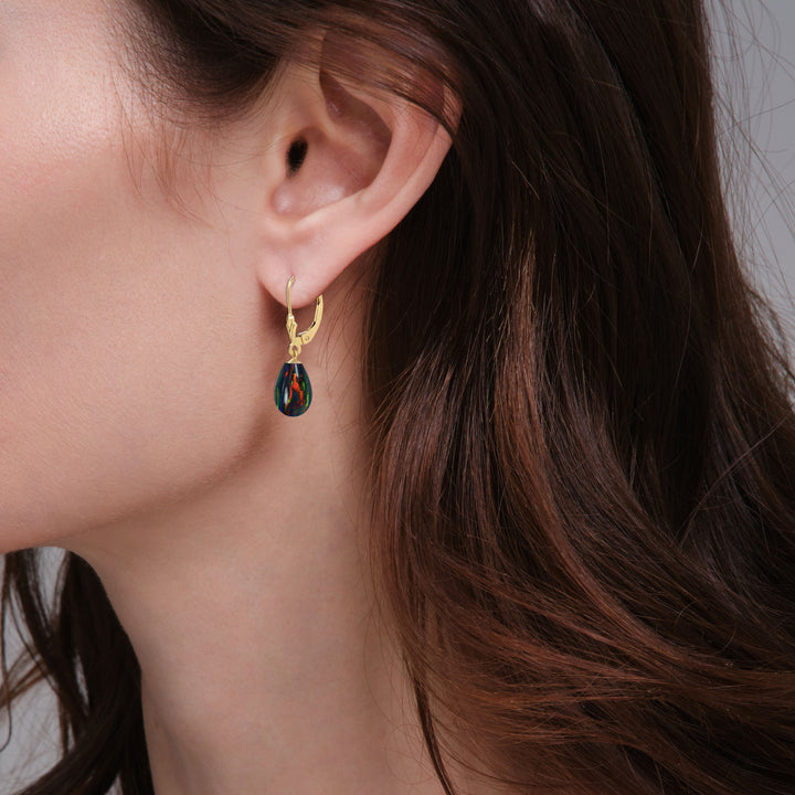 14K Solid Gold Lab Created Black Fire Opal Teardrop Earrings
