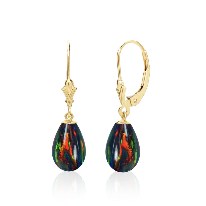 14K Solid Gold Lab Created Black Fire Opal Teardrop Earrings