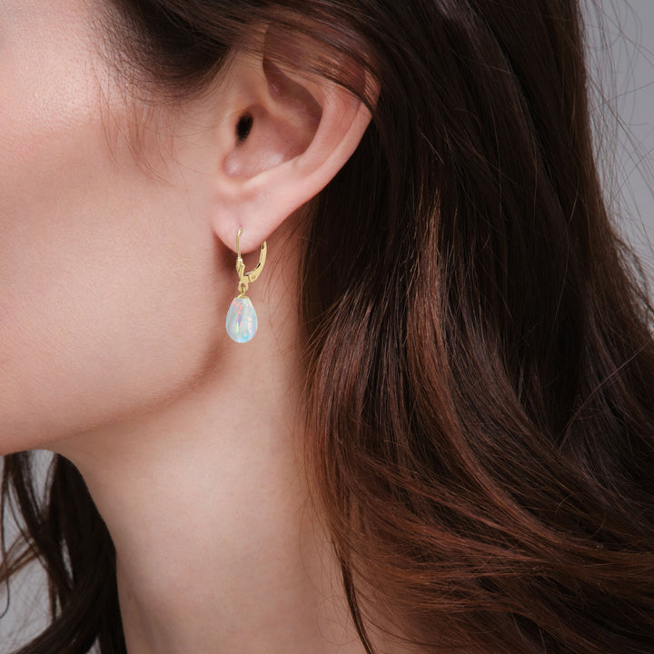 14K Gold Lab Created White Opal Teardrop Earrings