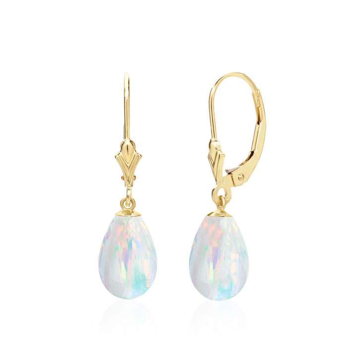 14K Gold Lab Created White Opal Teardrop Earrings
