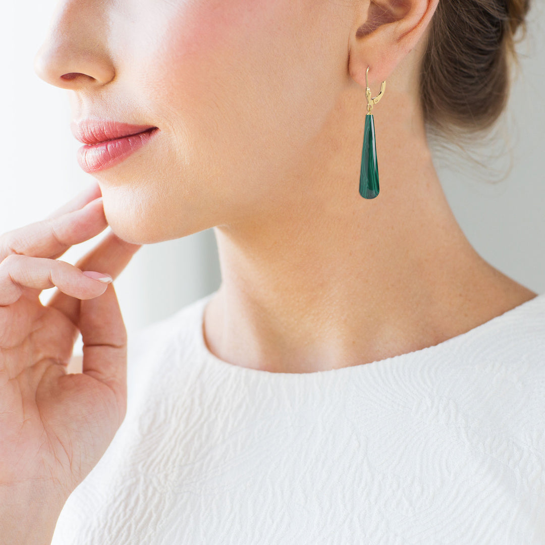 14K Long Malachite Teardrop Earrings