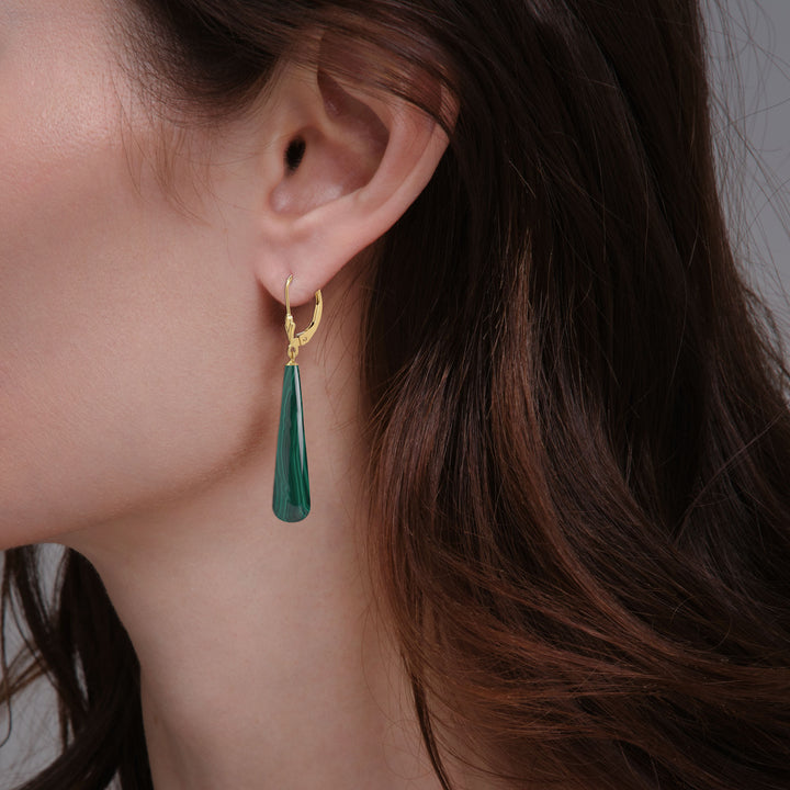 14K Long Malachite Teardrop Earrings