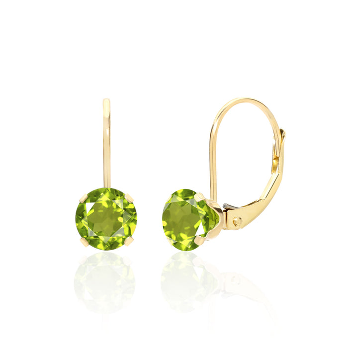 Peridot earrings with AAA quality stones in a four-prong setting, crafted in 14K white or yellow gold with lever-back closures, perfect for August birthdays or 4th anniversaries.